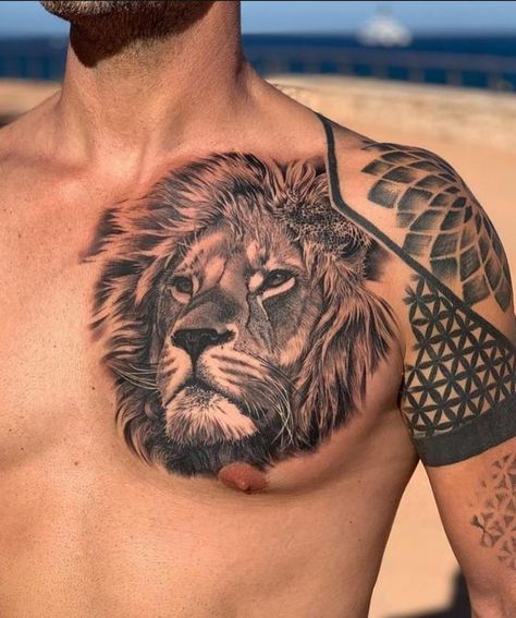 Roar with Confidence: 20 Lion Tattoo on Chest Design Ideas Chest Tattoo Wings, Lion Chest Tattoo, Tattoo On Chest, Lioness Tattoo, Lion Tattoo Sleeves, Mens Lion Tattoo, Lion Head Tattoos, Chest Design, Lion Tattoo Design