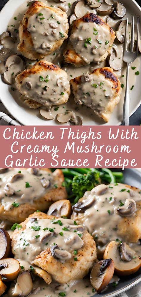 Chicken Thighs With Creamy Mushroom Garlic Sauce Recipe | Cheff Recipes Recipe Chicken Thighs, Chicken Thighs In Oven, Mushroom Garlic, Chicken Thighs Mushrooms, Creamy Mushroom Chicken, Chicken Skewer Recipe, Garlic Sauce Recipe, Mushroom Cream Sauces, Steamed Asparagus