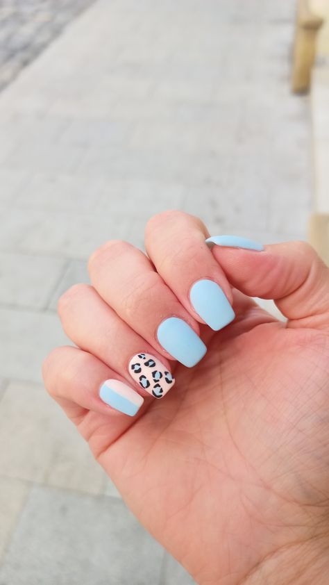 Blue Nails With Leopard Print, Nails Azul Pastel, Spring Leopard Nails, Blue Leopard Print Nails, Kendall Nails, Blue Cheetah Nails, Summer Leopard Nails, Blue Leopard Nails, Sky Blue Nails