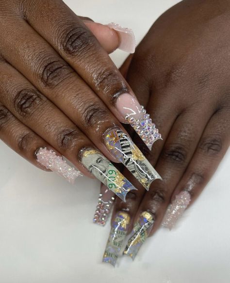 Money Acrylic Nail Design, Dollar Bill Nails, Money Nails Acrylic, Money Nails Designs, Money Nails, Acrylic Toes, Acrylic Toe Nails, Weak Nails, Hard Nails