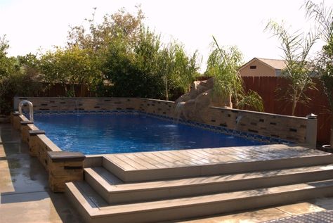 Islander Inground Pools Starting at just $13,995. Prefabricated, hand crafted, vinyl wrapped assembly. Affordable and fully customizable! Resurface Concrete Steps, Radiant Pools, Pool Stairs, Backyard Envy, Semi Inground Pool, Pool Deck Decorations, Old Concrete, Pool Deck Plans, Rectangle Pool