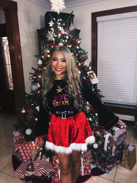 Cute ugly Christmas sweater with Santa skirt Ugly Sweater Party Outfit, Ugly Christmas Sweater Outfit Women, Cute Ugly Sweater Outfits, Cute Ugly Christmas Sweater Outfit, Outfit Navideno, Ugly Sweater Outfit, Santa Skirt, Ugly Sweater Outfits, Christmas Sweater Outfit