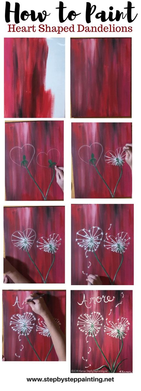 Easy Valentines Day painting for beginners! How To Paint Dandelion Hearts. Step by step painting tutorial. Paint Dandelion, Easy Valentines, Drawing Tutorials For Kids, Painted Hearts, Easy Canvas Painting, Canvas Painting Diy, Step By Step Painting, Night Painting, Beginner Painting