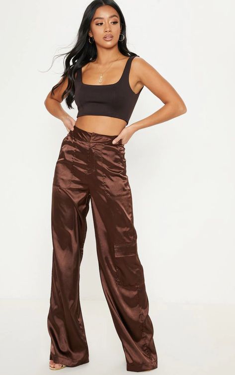 Petite Brown Satin Cargo Pants | Petite | PrettyLittleThing AUS Brown Satin Pants Outfit, Satin Joggers Outfit, Petite Wide Leg Pants, Satin Pants Outfit, Satin Cargo Pants, Silk Dancing, Brown Cargo Pants, Satin Joggers, Brown Crop Top