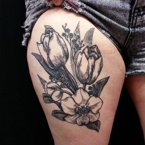 Twitter Pinterest Gmail Of all the flower designs you could choose for a tat, the tulip tattoos are some of the most colorful and creative you will find due in part to their varied meanings. While the flower is typically something that appeals to the female ink lovers, many guys have found amazing ways to … Woman Sleeve Tattoo, Tattoo Tulip, Woman Sleeve, Tulip Tattoo, Tattoo Thigh, Orchid Tattoo, Botanical Tattoo, Cute Tattoos For Women, 1 Tattoo