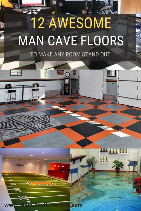 15 awesome man cave flooring ideas for indoors and outdoors. Walk in style on these amazing man cave floors. #mancave #mancaveflooring #mancavefloorideas Cool Garage Ideas Man Cave Stuff, Man Cave Flooring, Man Cave Flooring Ideas, Mom Cave Ideas, Small Man Cave Ideas, Football Man Cave, Man Cave Shop, Small Man Cave, Modern Man Cave