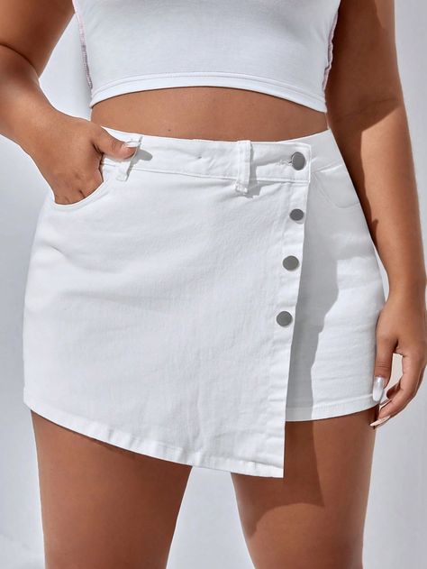 Blanco  Collar  Mezclilla Liso Falda Pantalón Embellished Elástico Alto  Ropa de Mujer Plus Skort Denim, Plus Size Denim Shorts, Jean Beige, Short Pollera, Denim Skort, Plus Size Denim, Jupe Short, Short Denim Skirt, Outfits Verano