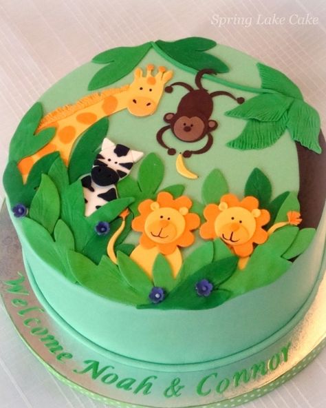 Two dimensional safari cake. monkey, giraffe, lion and zebra 1sr Birthday, Jungle Baby Shower Cake, Jungle Theme Cakes, Twins Cake, Jungle Cake, Safari Cakes, Animal Cakes, Animal Cake, Jungle Baby Shower