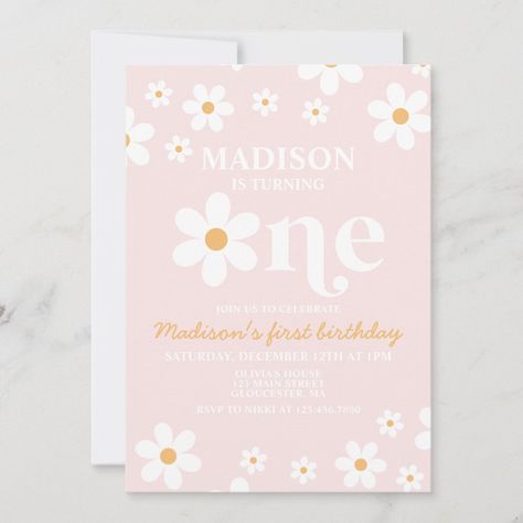 Retro Daisy One Floral 1st Birthday Invitation Floral 1st Birthday, Daisy Invitations, Floral Birthday Invitations, Birthday One, Birthday Cheers, Retro Daisy, Retro Birthday, 1st Birthday Invitation, Boho Girl