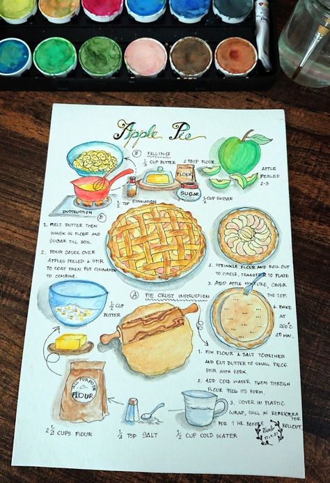 ApplePie Recipe Apple Pie Watercolor, Baking Book Aesthetic, Recipe Aesthetic Book, Cooking Book Aesthetic, Recipe Journal Ideas Layout, Recipe Journal Ideas, Apple Pie Drawing, Apple Pie Illustration, Recipe Book Aesthetic