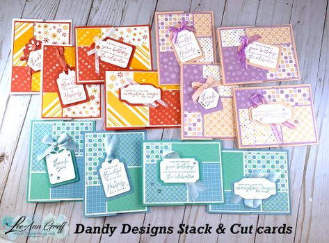 Dandy Designs all stack & cut cards Stack Cut And Shuffle Cards, Dandy Designs Dsp, Leeann Greff, Shuffle Cards, White Pool, Card Measurements, Stamping Projects, Dsp Cards, Simple Christmas Cards