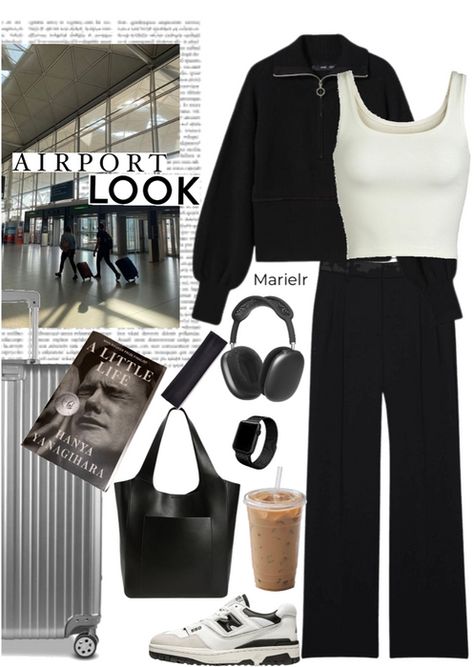 Airport Fits For Long Flights, Airport Stylish Outfit, Athleisure Airport Outfit, Airport Aesthetic Outfit Winter, Black And White Airport Outfit, First Class Airport Outfit, Airport Outfit Winter 2023, Korean Outfits Airport, Edgy Airport Outfit