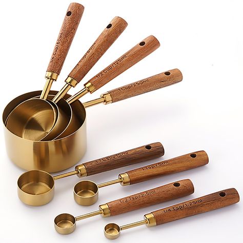 PRICES MAY VARY. 1. HIGH QUALITY DURABLE AND STURDY: This gorgeous measuring cups and spoons set is made of premium high quality 18/8 food grade stainless steel with gold polish finish which means it will never rust 2. 8 PIECES SET INCLUDED: This measuring set includes 4 size measuring cups: 1 CUP-250ML, 1/2 CUP-125ML, 1/3 CUP-80ML, 1/4 CUP-60ML. 4 Measuring spoons: 1tbsp-15ml, 1tsp-5ml, 1/2 tsp-2.5ml, 1/4 tsp-1.25ml 3. COMPACT & EASY TO STORAGE: Our measuring cups and spoons set nest perfectly Gold Measuring Cups, Spice Spoon, Stainless Steel Measuring Cups, Measuring Cups And Spoons, Stainless Kitchen, Measuring Cups & Spoons, Measuring Cups Set, Spoons Set, Wood Handles