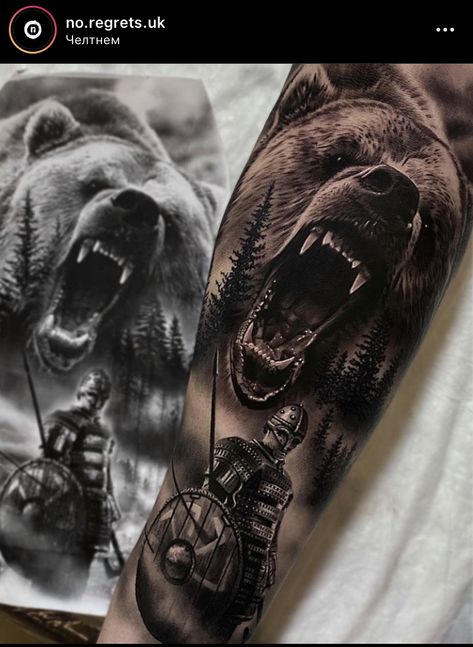 Chest Tattoo Lettering, Bear Paw Tattoos, Gladiator Tattoo, Viking Bear, Bear Tattoo Designs, Animal Sleeve Tattoo, Animal Tattoo Ideas, Cool Arm Tattoos, Bear Tattoos