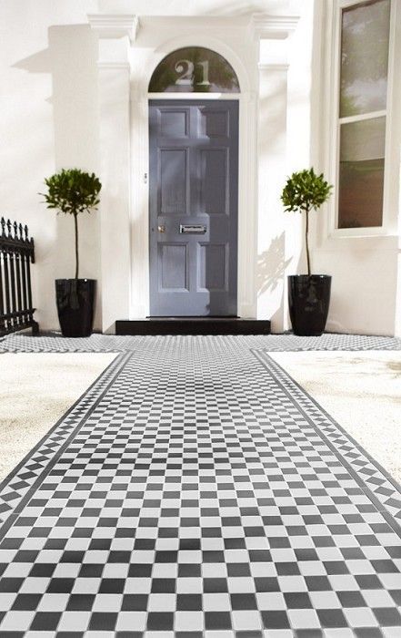 Victorian Tiles: 5 Ways To Add Charm To Modern Homes Porch Tiles, Black Mosaic Tile, Front Path, Victorian Villa, Victorian Front Doors, Tiles Uk, Porch Tile, Black Mosaic, Front Gardens