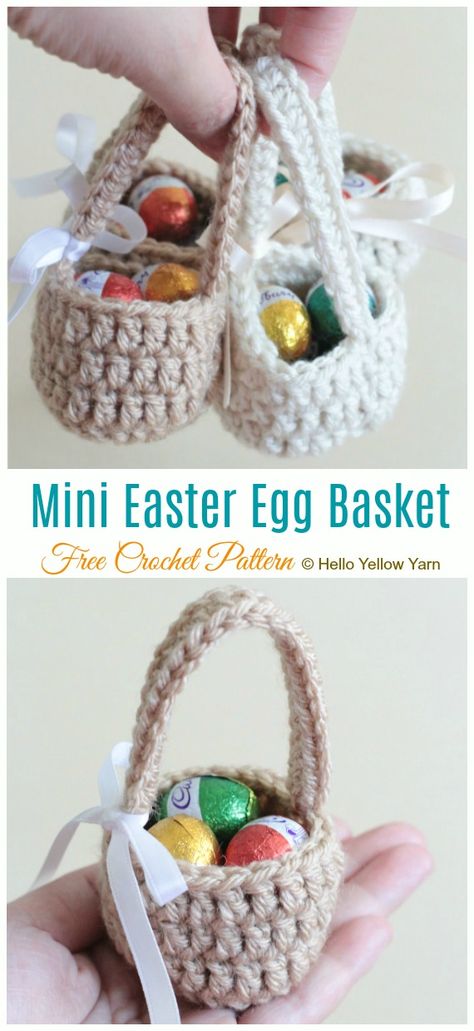 Mini Easter Egg Basket Crochet Free Pattern - Mini #Easter; Treat #Basket; Free Crochet Patterns Crochet Easter Basket Pattern, Easter Crochet Patterns Free, Easter Basket Pattern, Mini Easter Basket, Crochet Easter Basket, Crochet Basket Pattern Free, Treat Basket, Easter Egg Basket, Crochet Easter