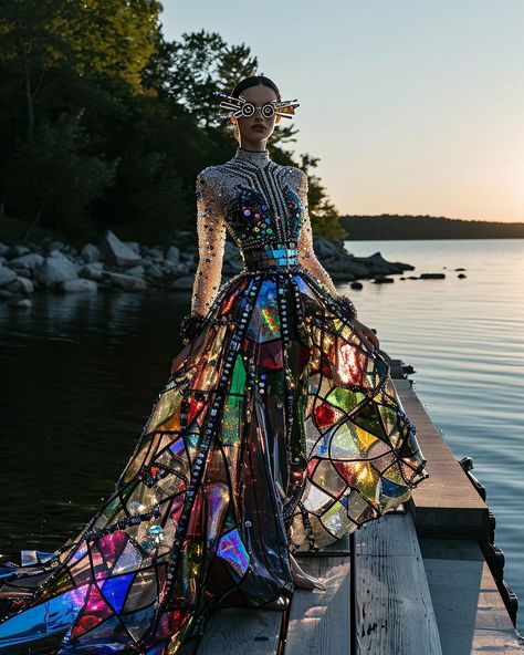 Alexandra Paras | Did someone say stained glass clothing? No? Well you guys are getting it anyway! I have about 40 looks and choosing just 10 for this was a… | Instagram Architecture Dress Design, Clothes Out Of Trash, Stain Glass Dress, Stained Glass Clothes, Stained Glass Costume, Stained Glass Clothing, Stained Glass Fashion, Glass Outfit, Stained Glass Dress