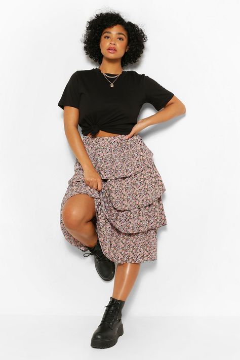 Plus Floral Tiered Ruffle Midi Skirt | boohoo Plus Size Business Attire, Ruffle Midi Skirt, Colour Clash, Latest Skirts, Online Closet, Free Dresses, Black Midi Skirt, Plus Size Skirts, Full Circle