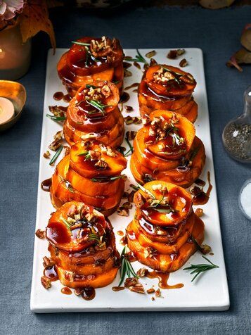 Stacked Sweet Potato Recipes, Quick Potato Side Dishes, Thanksgiving Recipes Southern, Side Dishes For Dinner, Grilled Sweet Potato Fries, Sweet Potato Stacks, Dishes For Dinner, Fall Sides, Christmas Dinner Recipes