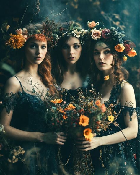 Embracing the magical vibes with this floral fairytale witches coven✨ #floral #artistic #fairytale #witches #coven #magic #fantasy #enchanted #beautiful #nature #creativity #inspiration #pagan #spellbound #mystical #aiart Nature Goddess Photoshoot, Fae Photoshoot, Enchanted Forest Photoshoot, Fey Realm, Faerie Makeup, Forest Witch Aesthetic, Witchy Artwork, Goddess Photoshoot, Witches Coven