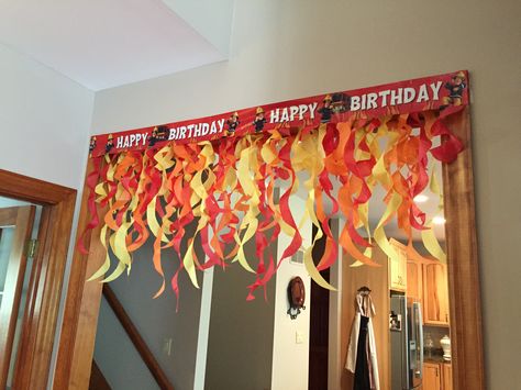 Fire Fighter Theme Party, Firefighter Party Decor, Birthday Party Firefighter, Fire Department Trunk Or Treat, Fireman 3rd Birthday Party, Fireman Birthday Party Decorations, Fire Themed Party Decoration, Fireman Party Ideas, Fire Party Decorations