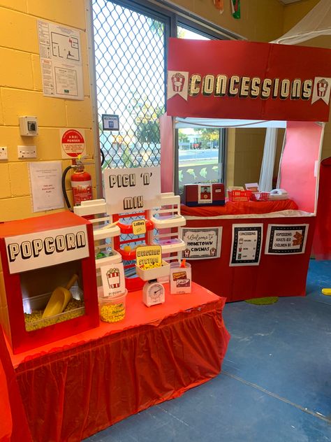 Diy Movie Theater Concession Stand, Movie Theater Concession Stand Ideas, School Concession Stand Ideas, Movie Concession Stand Ideas, Theatre Dramatic Play, Movie Night Concession Stand Ideas, Concession Stand Ideas Diy, Movie Theater Dramatic Play, Movie Night Concession Stand