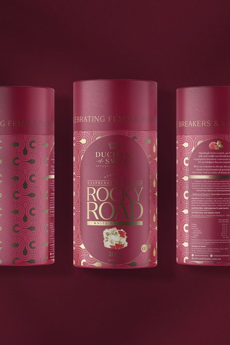 Rocky Road Packaging, Rocky Road Chocolate, Raspberry Pistachio, Graphic Deisgn, Bakery Packaging Design, Rococo Interior, Sweet Box Design, Chocolate Packaging Design, Vanilla Marshmallows