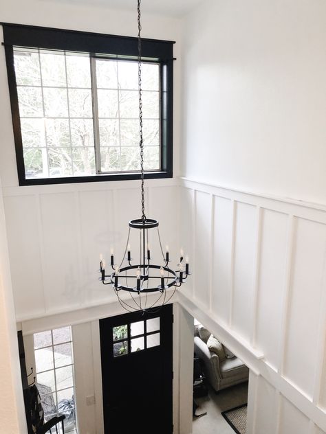 Slanted Wall Entryway Ideas, Foyer High Ceiling Entryway, Vaulted Entryway Ideas, Board And Batten Wall High Ceiling, Board And Batten High Ceiling, Tall Ceiling Entryway, High Ceiling Entryway Ideas, High Ceiling Foyer Ideas Entryway, Stairwell Update