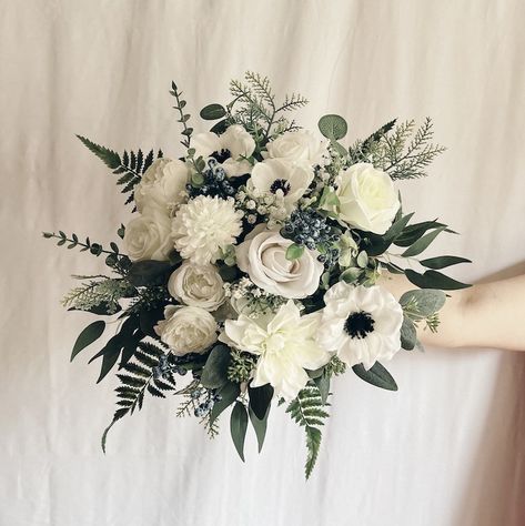 Green Themed Wedding Bouquet, Sage Green And White Florals, Gardenia And Eucalyptus Bouquet, Dark Green White Wedding Theme, Ivory And Green Bouquet, Wedding Bouquets Dark Green, Black White And Green Flower Arrangements, Simple Winter Bouquet, Black White And Green Wedding Flowers