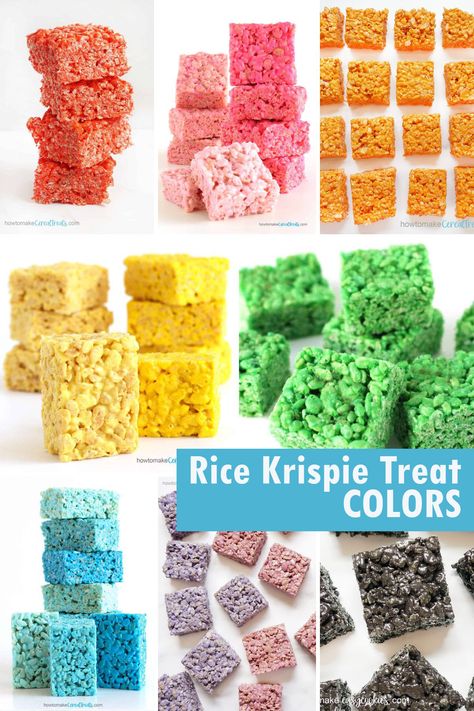 Rice Krispie Treat COLORS -- how to make any color cereal treats! Rice Krispie Treats With Jello, Rice Krispie Fish, How To Color Rice Krispie Treats, Rice Krispie Treats With Frosting, Colored Rice Krispie Treats, Rice Krispie Treats For Birthday Party, Pineapple Rice Krispie Treats, How To Package Rice Krispie Treats, Colorful Rice Crispy Treats