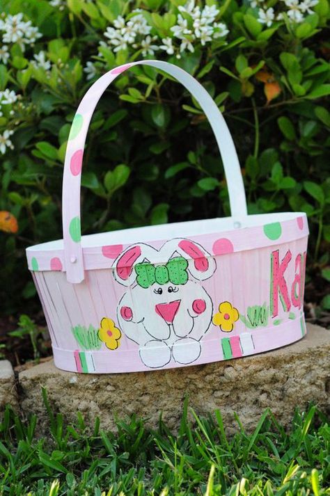 Hand Painted Easter Baskets  www.monogrammadness.net String Easter Basket, Family Easter Basket, Painted Easter Baskets, Easter Pail, Creative Easter Baskets, 5 Month Old Baby, Easter Paintings, Personalized Easter Basket, Easter Basket Diy