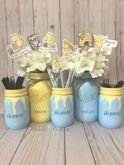 Bear Centerpiece, Honey Jars, Winnie The Pooh Themes, Bee Baby Shower Theme, Disney Baby Shower, Winnie The Pooh Birthday, Baby Gender Reveal Party, Pooh Baby, Baby Shower Inspiration