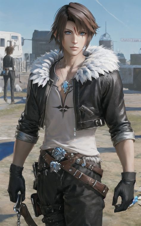 Image posted by itsame498 Squall Leonhart, Retro Games Poster, Final Fantasy Collection, Final Fantasy X, Final Fantasy Art, Cropped Leather Jacket, Final Fantasy Vii, Video Game Characters, Celebrity Outfits