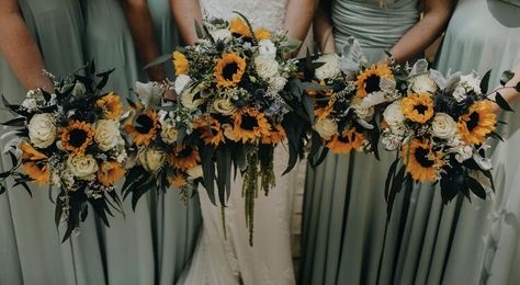 Sage Green With Sunflowers Wedding, Wedding Ideas Sunflowers Color Schemes, Wedding Flower Arrangements With Sunflowers, Green And Sunflower Wedding Theme, Rustic Wedding Decor Sunflowers, Olive Green And Sunflower Wedding, Sunflower Decor Wedding, Forest Green And Sunflower Wedding, Dark Green And Sunflower Wedding