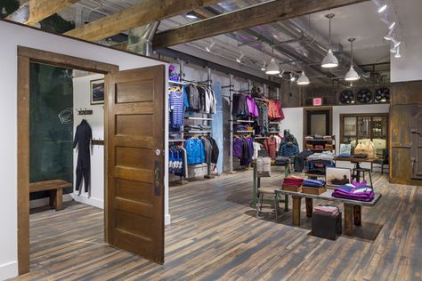 Patagonia Bowery store by MNA New York City Patagonia Shop, Painting Lettering, Retail Inspiration, Exit Sign, Elderly Home, Asian Restaurants, Timber Cladding, Store Ideas, Retail Design Blog