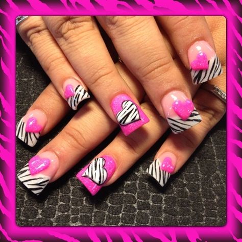 Pink and zebra hearts by Oli123 February Nail Art, Pink Valentine Nails, Zebra Nail Art, Zebra Nails, Valentine Nail Art, February Nails, Valentine Nails, Heart Nail Art, Gel Mani