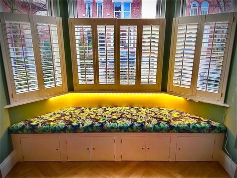 Lola X on Instagram: “Bay window cushions for a lovely Victorian house in West Bridgford Finished in a navy jungle print luxury velvet Scroll through to see…” Bay Window Cushions, Victorian Bay Window, Bay Window Cushion, Bay Window Seat, Window Cushion, Window Seats, Victorian House, Jungle Print, Window Seat