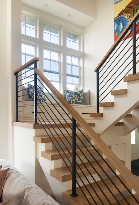 Open Stringer Staircase, Partially Open Staircase, Open Switchback Staircase, Switchback Staircase, Switchback Stairs, Coastal Family Home, Beach House Spiral Staircase, Living Room Home Theater, Bedroom Guide