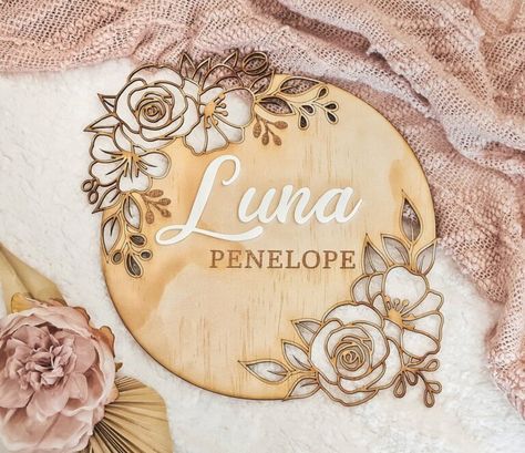 33 Simply Stunning Nursery Name Signs That You Will Adore - Messy Bun Motherhood Floral Name Sign, Baby Shower Announcement, Gold Backdrop, Floral Signs, Wood Name Sign, Laser Engraved Ideas, Wooden Name Signs, Name Plaque, Custom Nursery