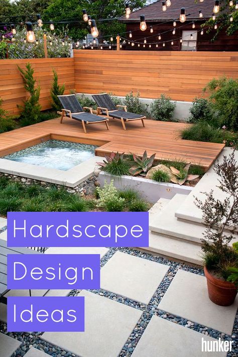 Landscaping Small Backyards On A Budget, Family Landscape Design, Small Backyard Modern Landscaping, Aerial Backyard Design, Patio Hardscaping Ideas, Backyard Hardscaping Ideas, Small Hardscape Backyard, Odd Shaped Backyard Ideas, Desert Hardscape Ideas