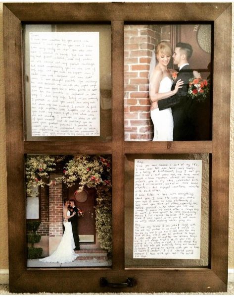 Handwritten vows and wedding pictures in a window frame Wedding Pictures Display, Handwritten Vows, Vows Keepsake, Wedding Vow Art, Wedding Photo Display, Wedding Shadow Box, Creative Wedding Favors, Inexpensive Wedding Favors, Elegant Wedding Favors