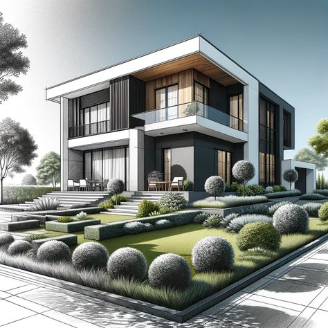 2 Point Perspective Modern House, House Exterior Sketch, Modern House Drawing Sketches, Modern House Design Drawing, Villa Sketch, Modern House Drawing, Building Front Designs, Building Design Plan, Townhouse Exterior