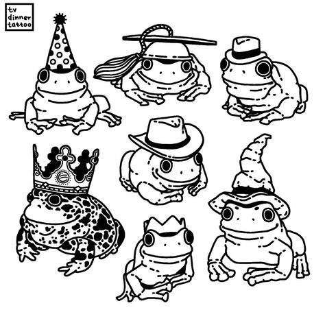 Frog Flash Tattoo Designs, Outline Frog Tattoo, Frog In Hat Tattoo, Frog Tattoo Flash Sheet, Frog Wearing Hat Tattoo, Frog Tattoos Cute, Frog Tattoo Sketch, Frog Tattoo Outline, Small Frog Drawing