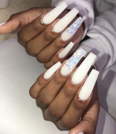 White coffin acrylic nails w/ iridescent glitter flakes White Iridescent Nails, Flake Nail Art, Flake Nail, Iridescent Nails, White Acrylic Nails, Coffin Shape Nails, Acrylic Nails Coffin Pink, Unique Acrylic Nails, Coffin Nails Long