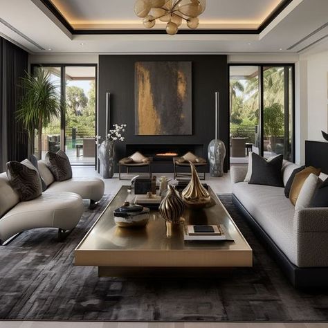 Dark colors and bold brass details make this living room a haven of luxury. Luxurious Living Rooms, Living Room Decor Lights, Modern Living Room Interior, Sleek Furniture, Home Entrance, Rustic Home Design, Room Deco, Luxury Aesthetic, Teen Bedroom Decor