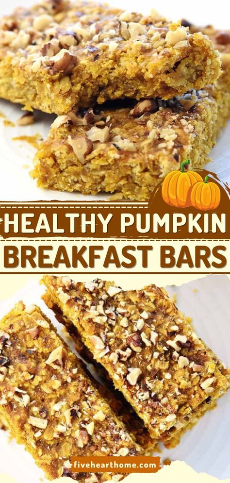 Healthy Pumpkin Breakfast Bars, fall food, easy breakfast ideas Pumpkin Breakfast Bars, Healthy Pumpkin Breakfast, Oatmeal Breakfast Bars Healthy, Healthy Pumpkin Bars, Fresh Pumpkin Recipes, Healthy Fall Snacks, Pumpkin Breakfast Cookies, Pumpkin Breakfast Recipes, Breakfast Bars Healthy