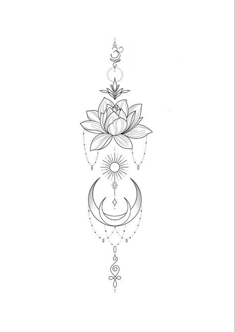 Spiritual Ocean Tattoo, Mystical Back Tattoos, Spiritual Tattoos For Women Universe, Mandala Flower Tattoo Design, Mystical Tattoos For Women, Moon And Lotus Tattoo, Spiritual Tattoos For Women, Mandala Flower Tattoo, Boho Tattoos