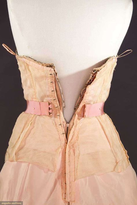 COUTURE STRAPLESS PARTY DRESS, 1950s. Unlabeled, embroidery in pink floss, tinsel, tiny sequins & jewels, built-in corset, multiple stiffened petticoats. Surrealist Ball, 1950s Couture, Ruffle Corset, The 50s Fashion, Stylish Leather Bags, Annie Dress, Corset Sewing Pattern, Strapless Party Dress, Couture Hats