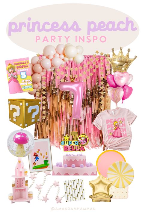 Sharing some birthday party ideas for a Princess Peach theme! #birthdayparty #princesspeach #mario #party Peaches Mario Bros Birthday Theme, Rosalina Mario Birthday Cake, Peaches Birthday Theme Mario, Mario Peaches Birthday Party, Princess Peach Printables, Peaches Mario Birthday Theme, Mario Peach Party, Princess Peach Goodie Bags, Princess Daisy Party