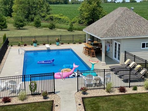 Fencing Around Inground Pools, Fenced In Pool Landscaping, Landscape Around Pool Fence, Pool Location In Yard, Gated Pool Backyards, Privacy Pool Fence Ideas, Pool With Fence Around It, In Ground Pool Landscaping, Fencing Around Pool